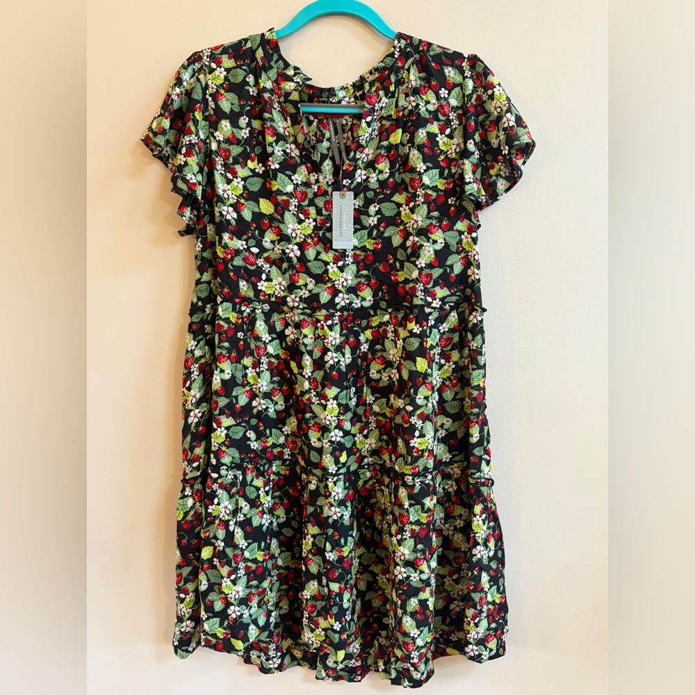 NWT Anthropologie Strawberry Pattern Red & Black Short Ruffle Sleeve Mini Dress